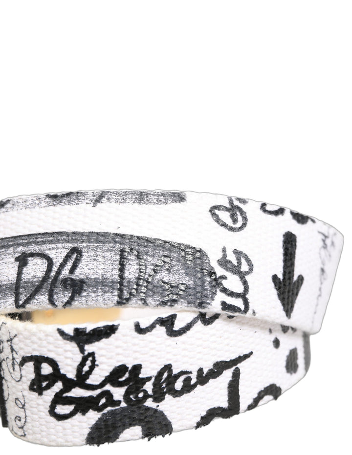Dolce &amp; Gabbana White Graffiti Print Gold Metal Buckle Belt
