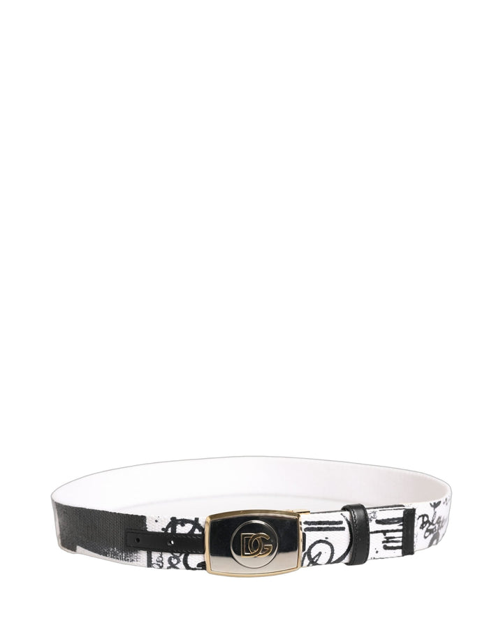 Dolce &amp; Gabbana White Graffiti Print Gold Metal Buckle Belt