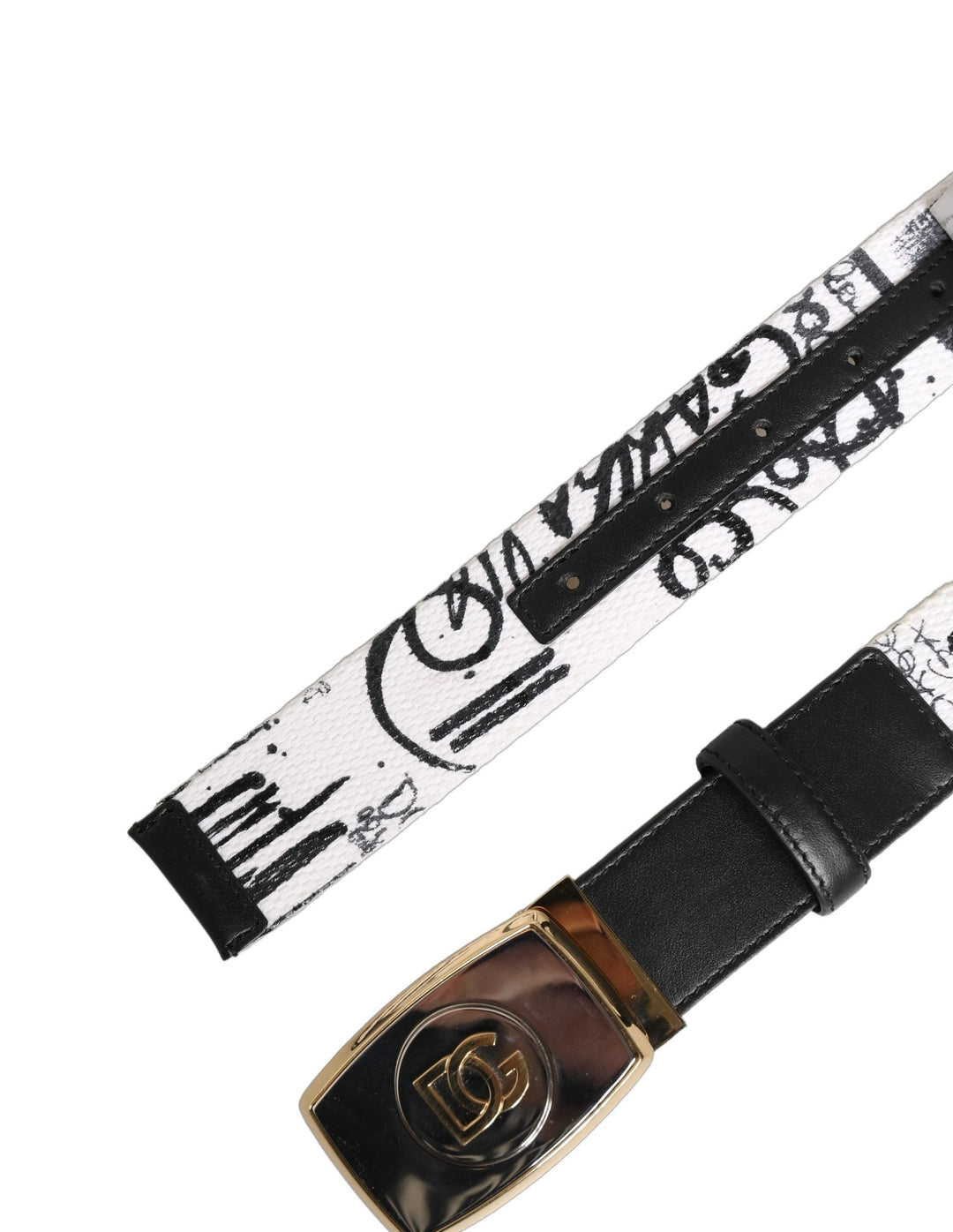 Dolce & Gabbana White Graffiti Print Gold Metal Buckle Belt