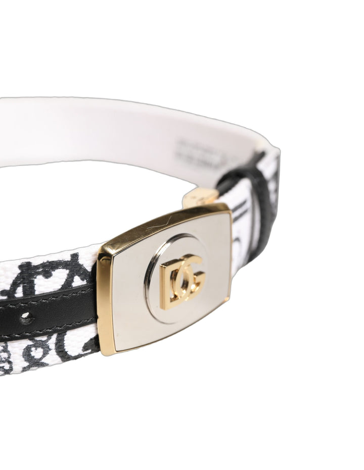 Dolce &amp; Gabbana White Graffiti Print Gold Metal Buckle Belt