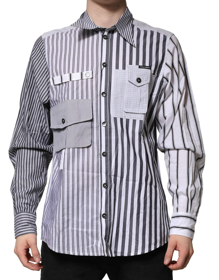 Dolce &amp; Gabbana White Gray Striped Cotton Men Casual Shirt