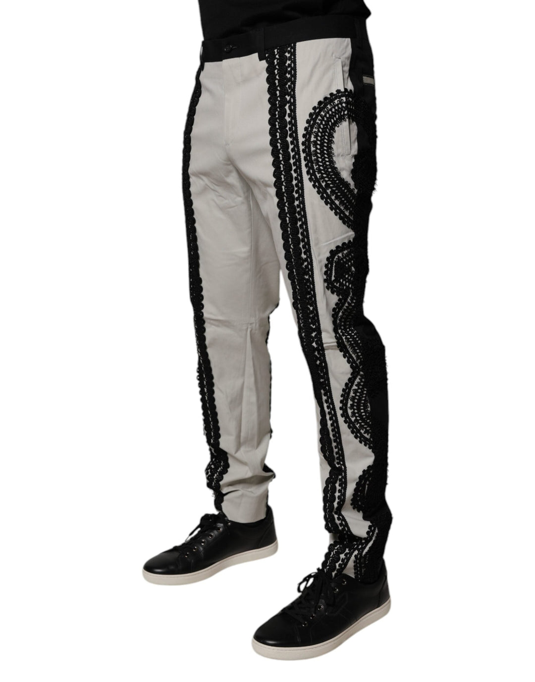 Men’s Dolce &amp; Gabbana White Lace Trim Mid Waist Dress Formal Pants