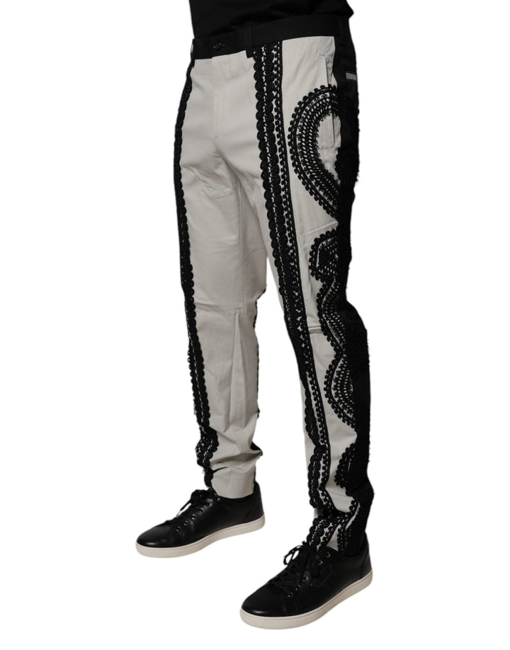 Men’s Dolce &amp; Gabbana White Lace Trim Mid Waist Dress Formal Pants