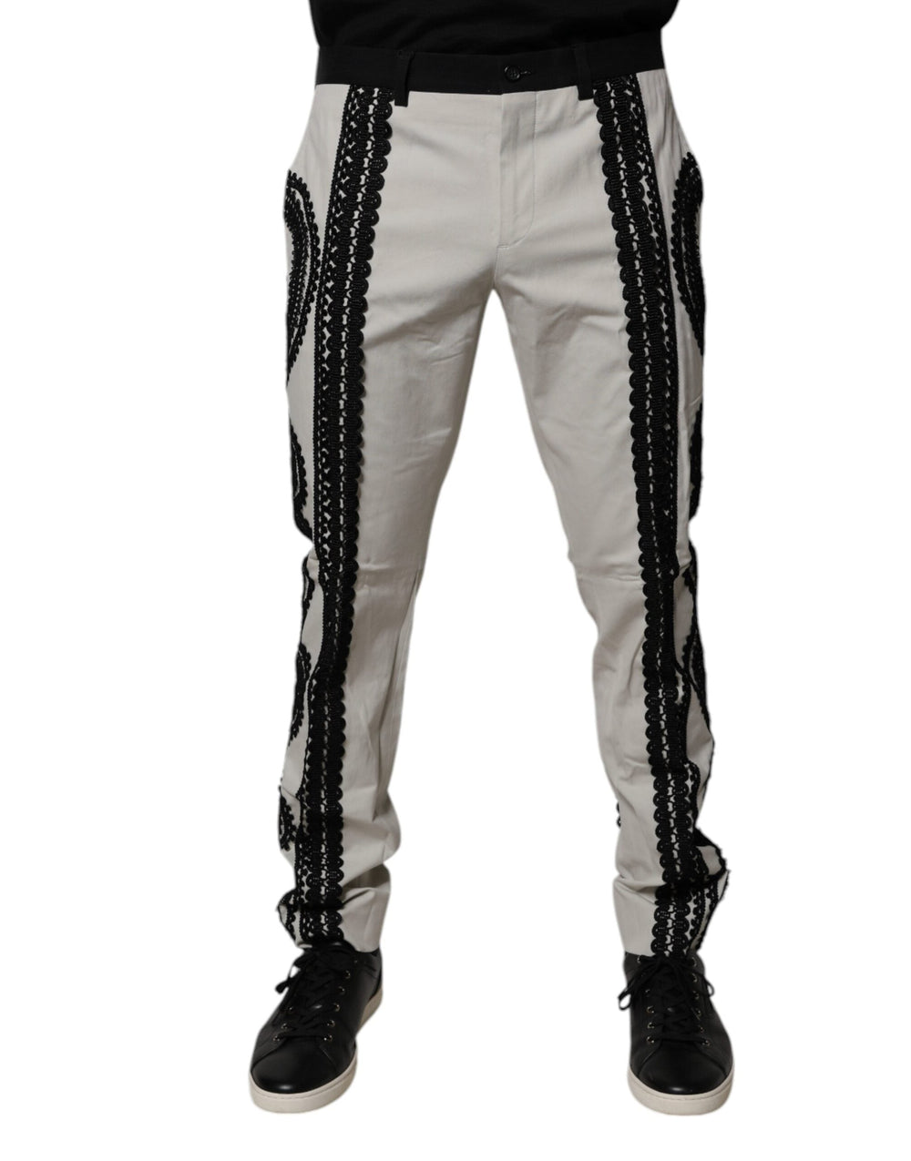 Men’s Dolce & Gabbana White Lace Trim Mid Waist Dress Formal Pants