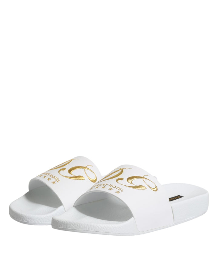 Men’s Dolce &amp; Gabbana White Leather Slides Sandals Beachwear Shoes