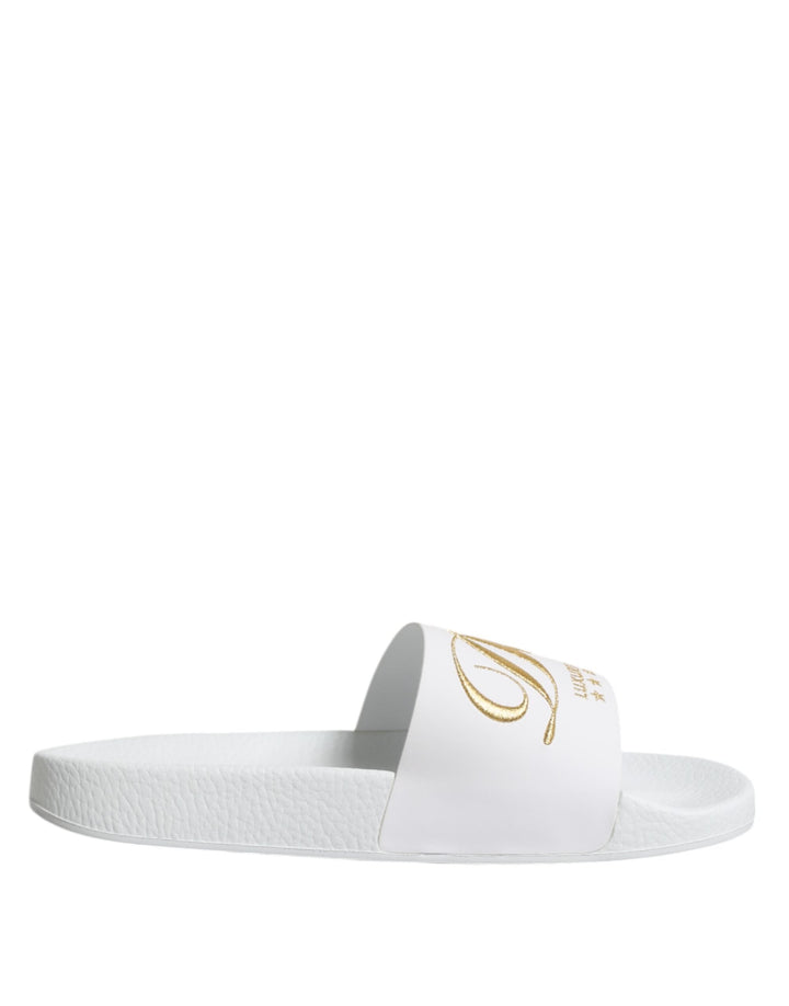 Men’s Dolce &amp; Gabbana White Leather Slides Sandals Beachwear Shoes