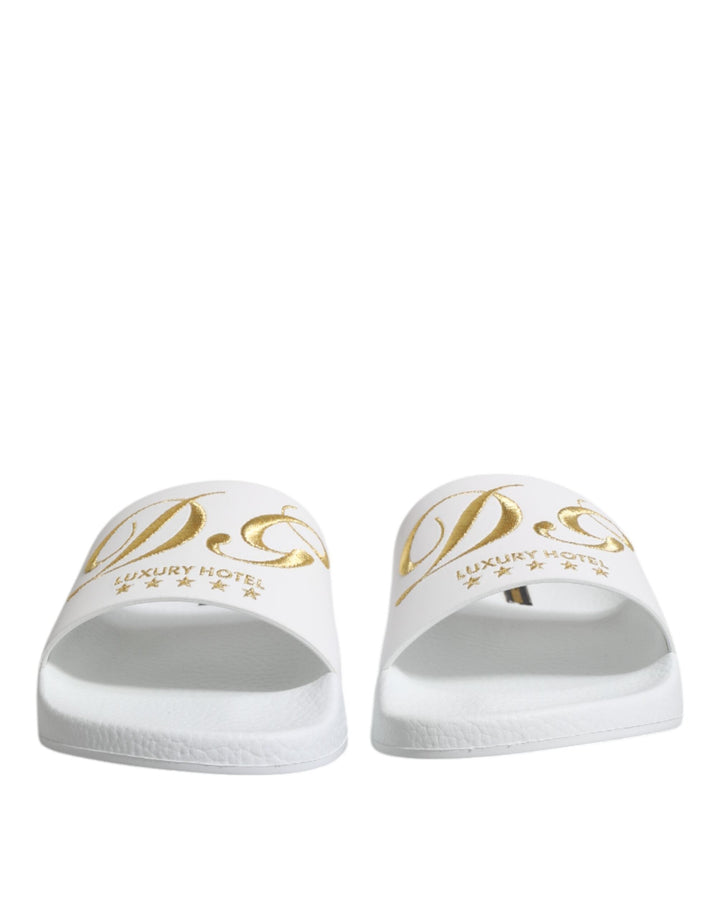 Men’s Dolce &amp; Gabbana White Leather Slides Sandals Beachwear Shoes