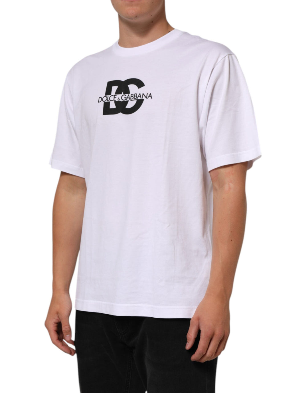 Dolce &amp; Gabbana White Logo Print Cotton Crew Neck Men T-shirt