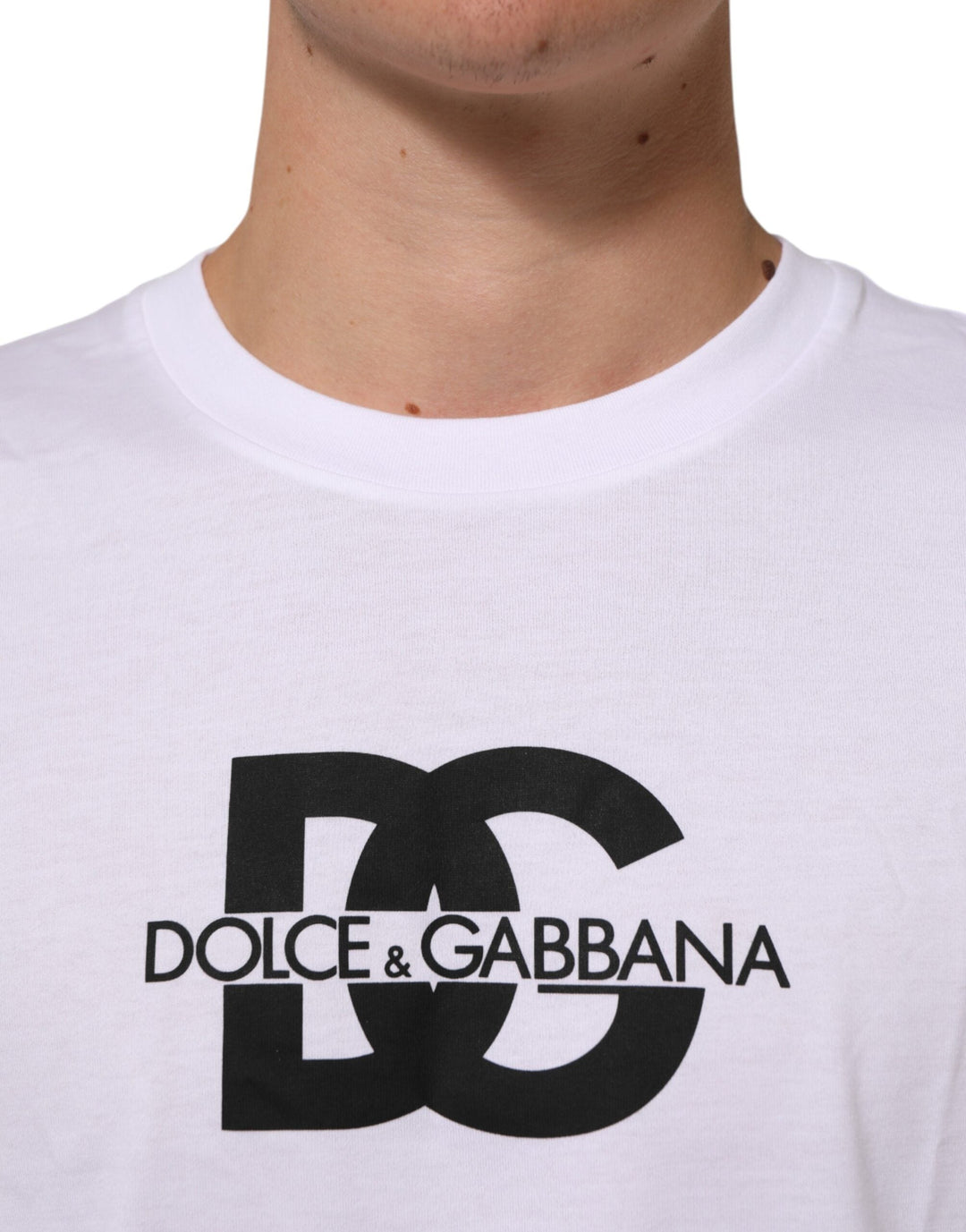 Dolce &amp; Gabbana White Logo Print Cotton Crew Neck Men T-shirt