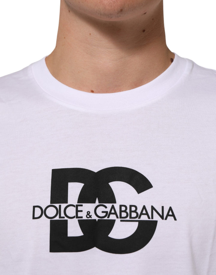 Dolce &amp; Gabbana White Logo Print Cotton Crew Neck Men T-shirt
