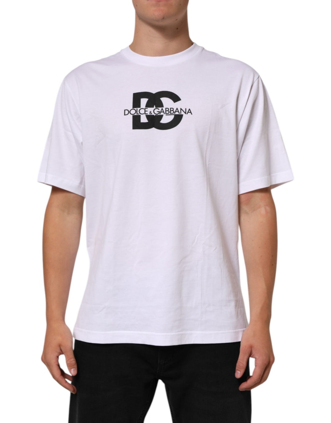 Dolce &amp; Gabbana White Logo Print Cotton Crew Neck Men T-shirt