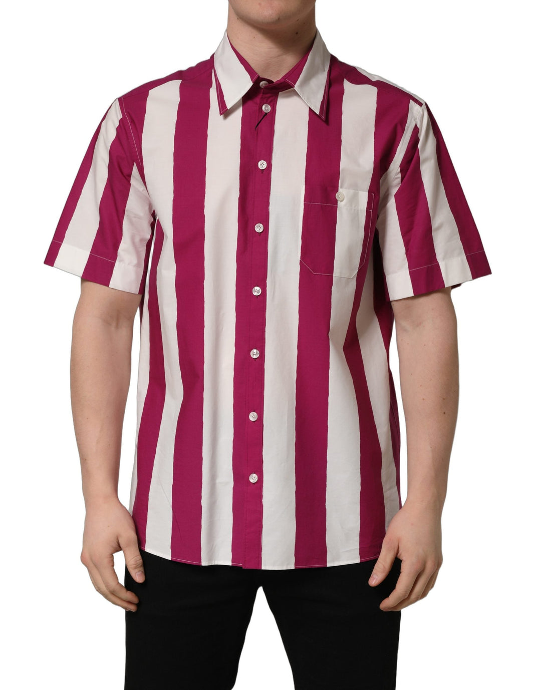 Dolce &amp; Gabbana White Maroon Striped Men Short Sleeves Shirt