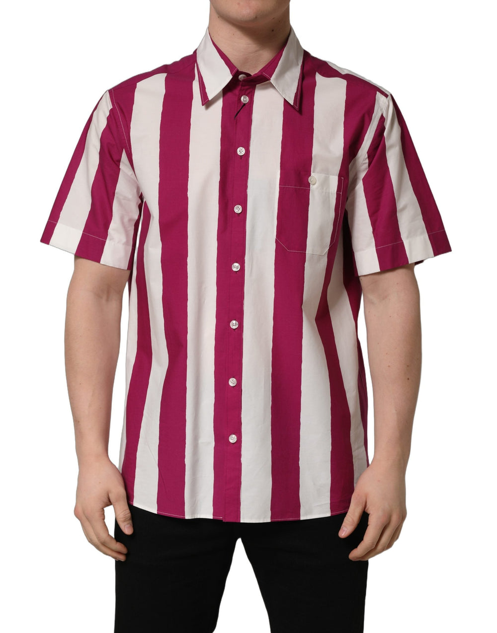 Dolce & Gabbana White Maroon Striped Men Short Sleeves Shirt