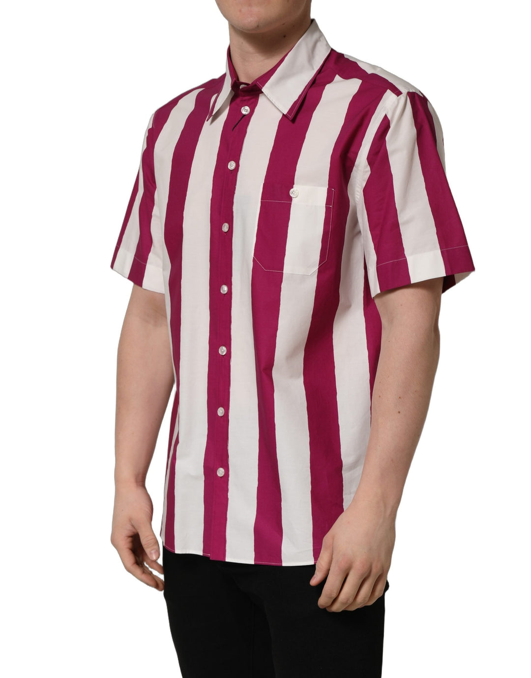 Dolce &amp; Gabbana White Maroon Striped Men Short Sleeves Shirt