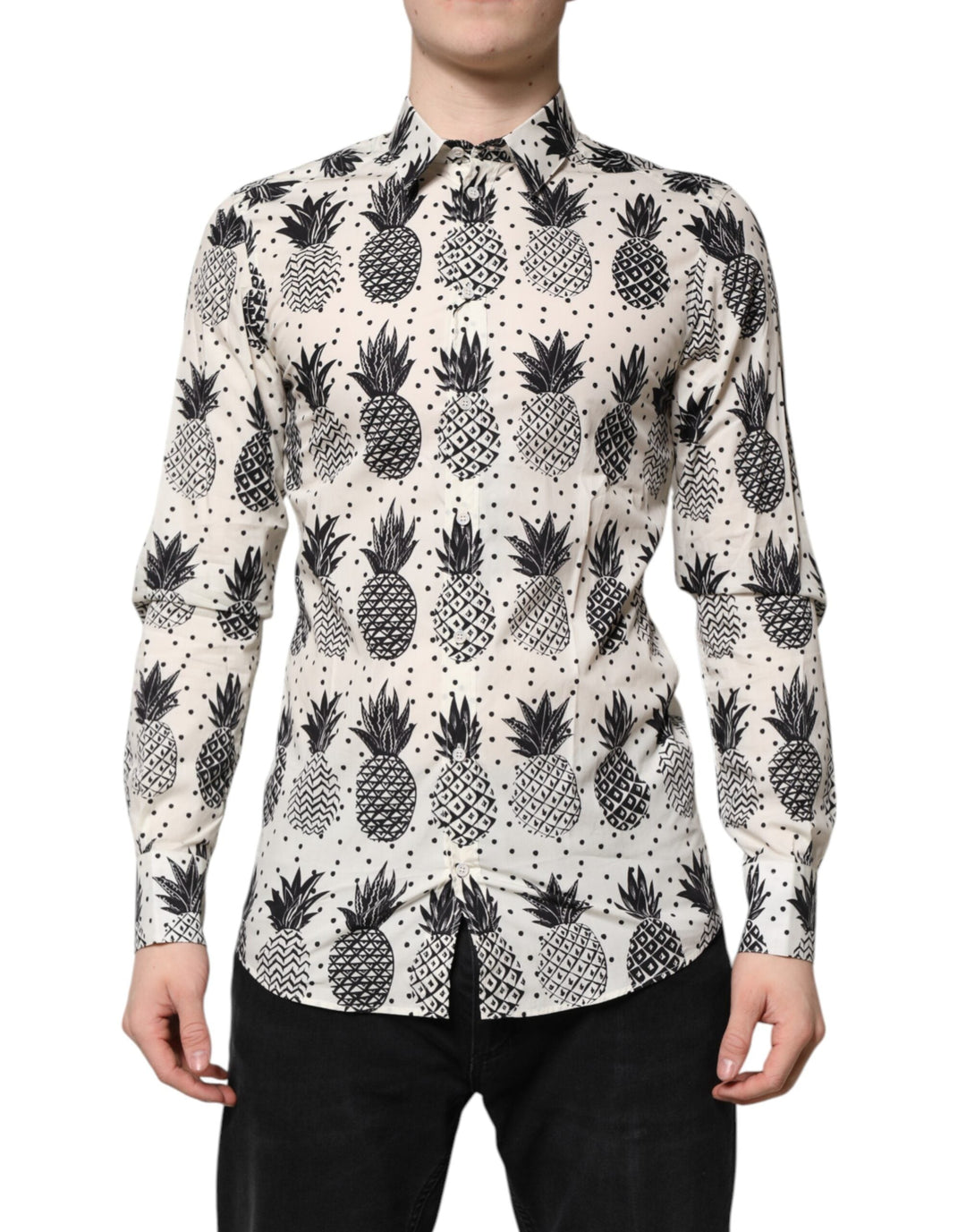 Dolce &amp; Gabbana White Pineapple Print Long Sleeve Gold Shirt