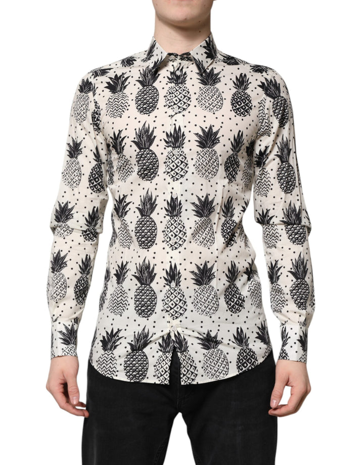 Dolce &amp; Gabbana White Pineapple Print Long Sleeve Gold Shirt
