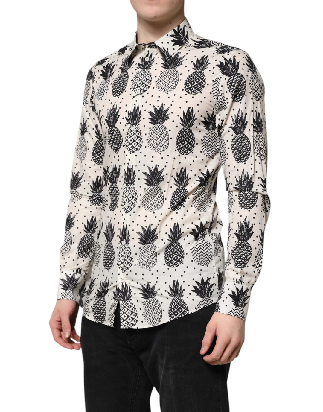 Dolce &amp; Gabbana White Pineapple Print Long Sleeve Gold Shirt