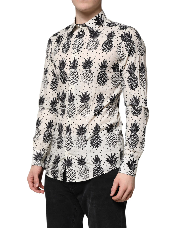Dolce &amp; Gabbana White Pineapple Print Long Sleeve Gold Shirt