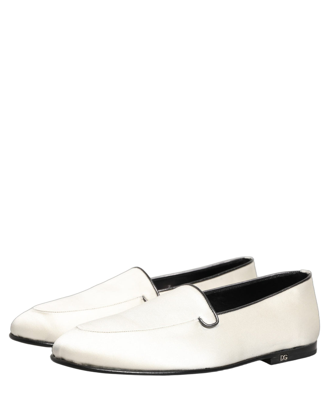 Men’s Dolce &amp; Gabbana White Satin Logo Slip on Flats Loafers Shoes