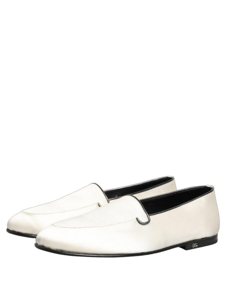 Men’s Dolce &amp; Gabbana White Satin Logo Slip on Flats Loafers Shoes