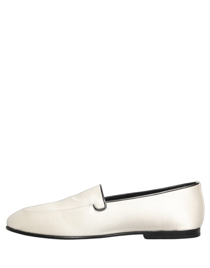 Men’s Dolce &amp; Gabbana White Satin Logo Slip on Flats Loafers Shoes