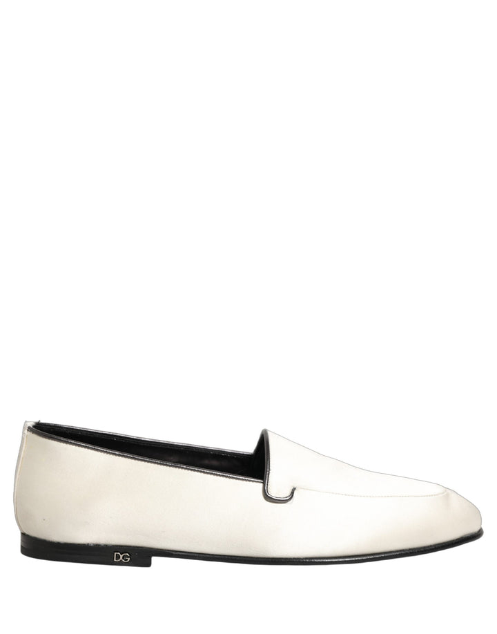 Men’s Dolce &amp; Gabbana White Satin Logo Slip on Flats Loafers Shoes