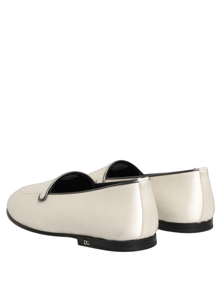 Men’s Dolce &amp; Gabbana White Satin Logo Slip on Flats Loafers Shoes