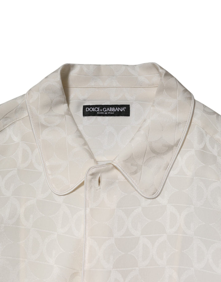 Men’s Dolce &amp; Gabbana White Silk Dg Logo Print Long Sleeves Shirt