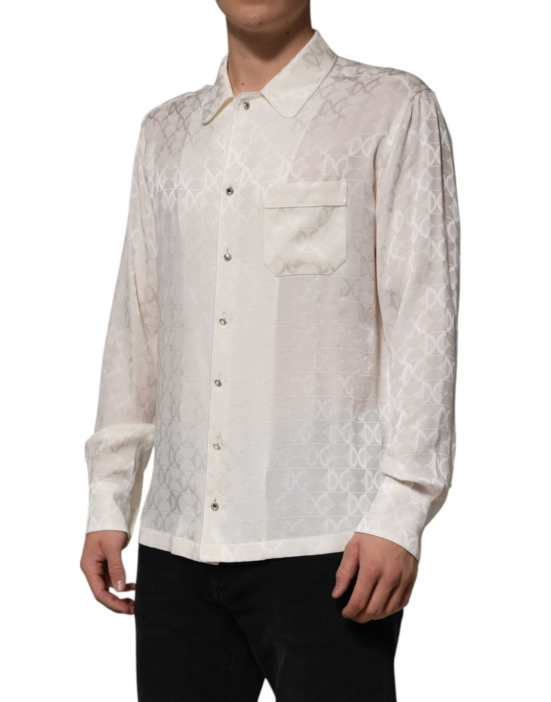 Men’s Dolce &amp; Gabbana White Silk Dg Logo Print Long Sleeves Shirt