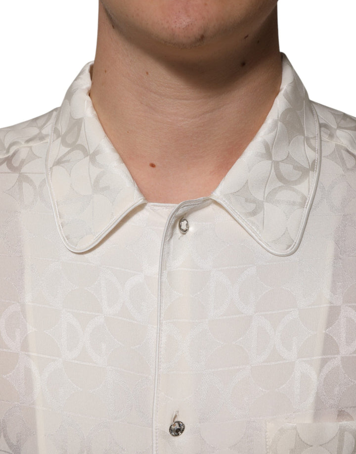 Men’s Dolce &amp; Gabbana White Silk Dg Logo Print Long Sleeves Shirt