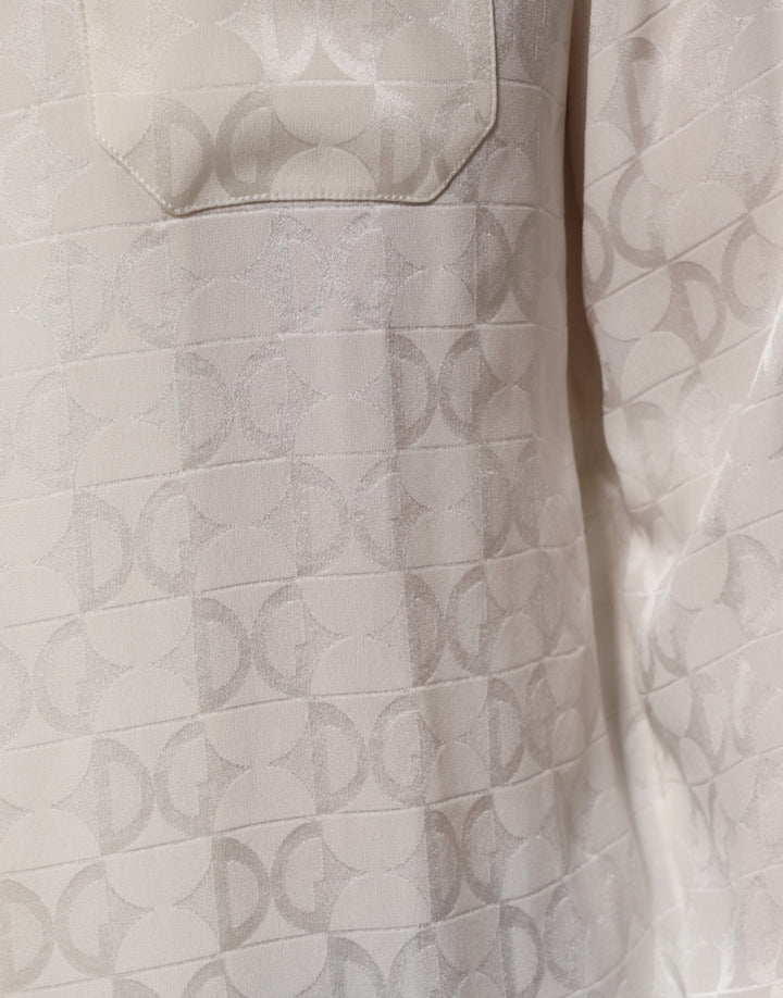 Men’s Dolce &amp; Gabbana White Silk Dg Logo Print Long Sleeves Shirt