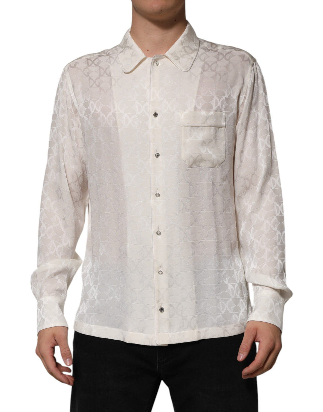 Men’s Dolce &amp; Gabbana White Silk Dg Logo Print Long Sleeves Shirt
