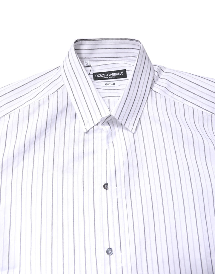 Men’s Dolce &amp; Gabbana White Stripes Cotton Gold Formal Dress Shirt