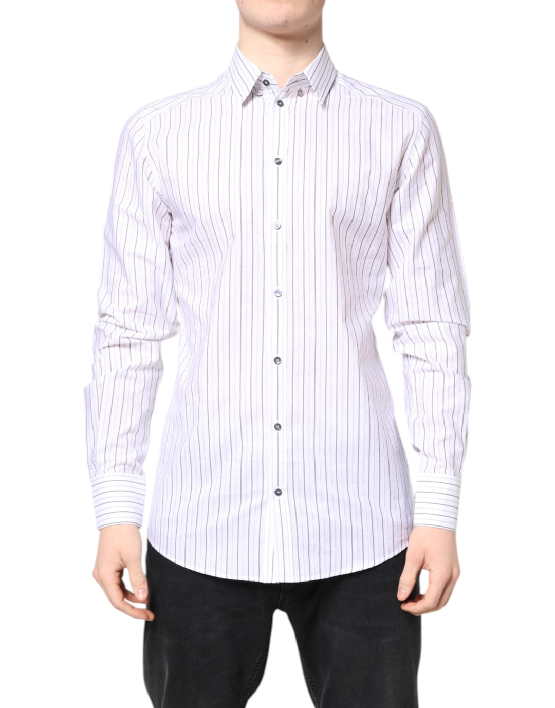 Dolce & Gabbana White Stripes Cotton Gold Formal Dress Shirt