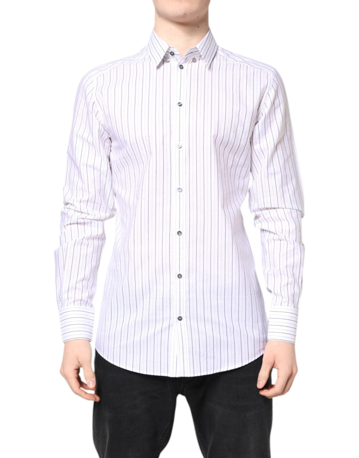 Dolce &amp; Gabbana White Stripes Cotton Gold Formal Dress Shirt