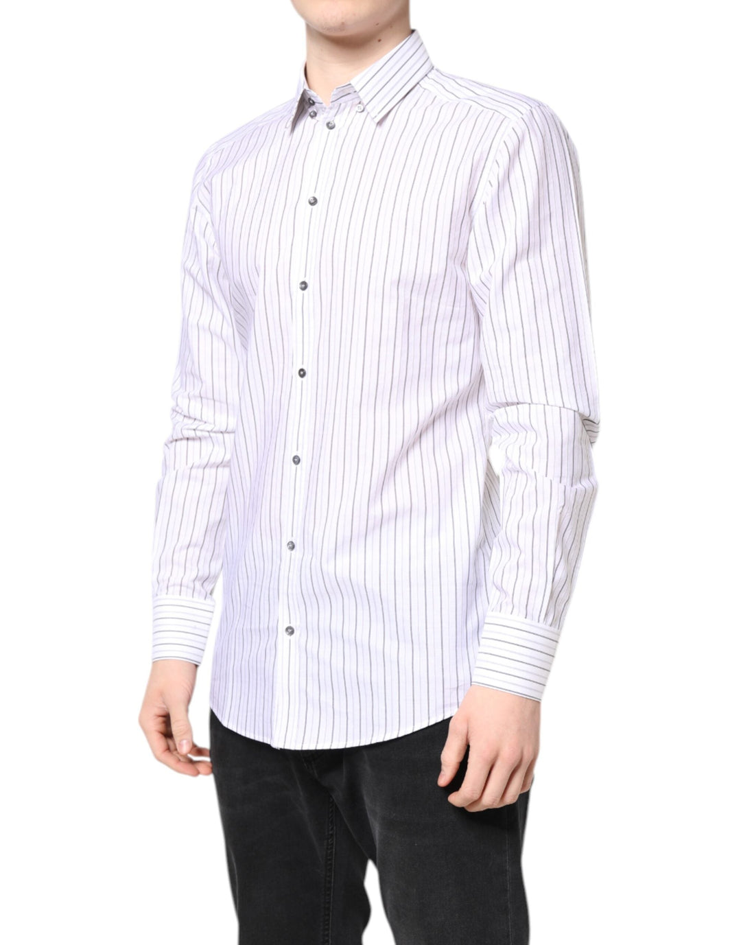 Dolce &amp; Gabbana White Stripes Cotton Gold Formal Dress Shirt
