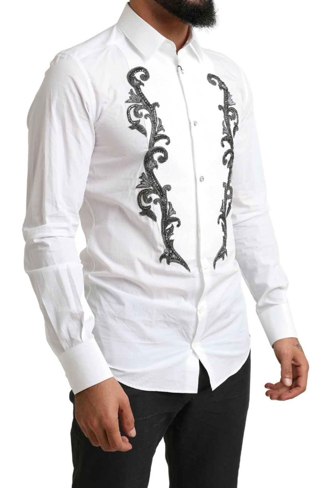 Dolce &amp; Gabbana White Tuxedo Slim Fit Baroque Shirt