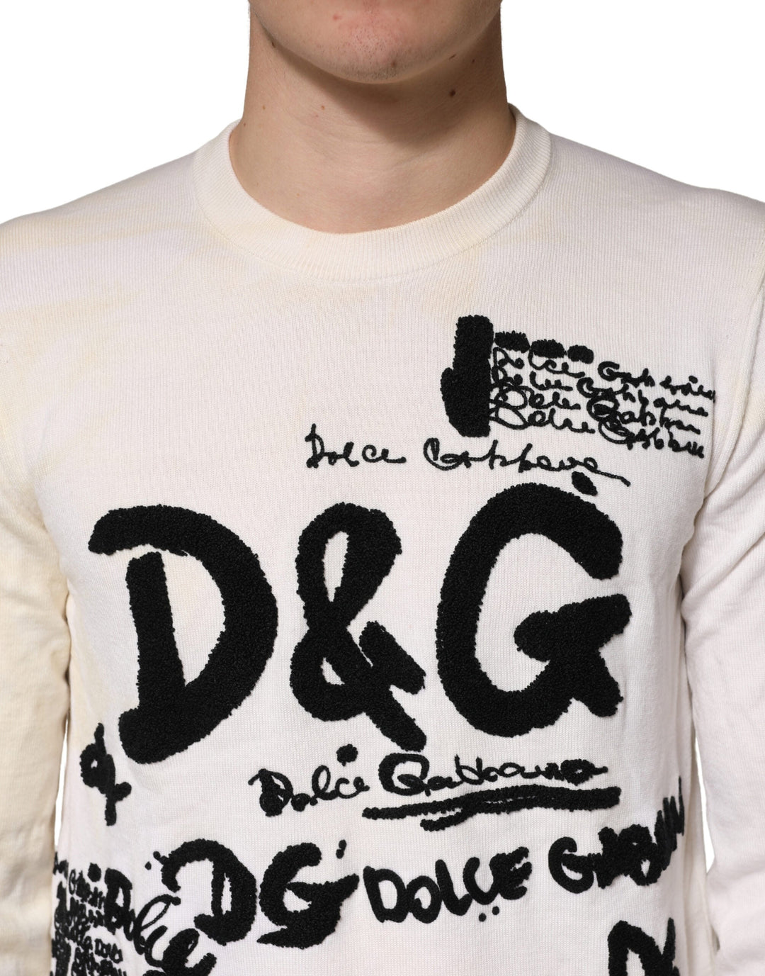 Men’s Dolce &amp; Gabbana White Virgin Wool Graphic Logo Crewneck Sweater