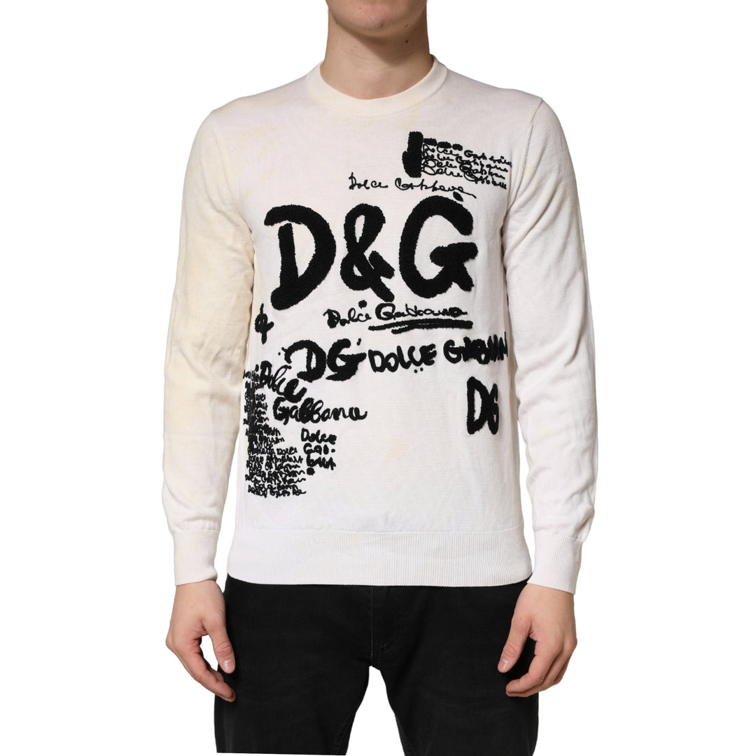 Men’s Dolce &amp; Gabbana White Virgin Wool Graphic Logo Crewneck Sweater