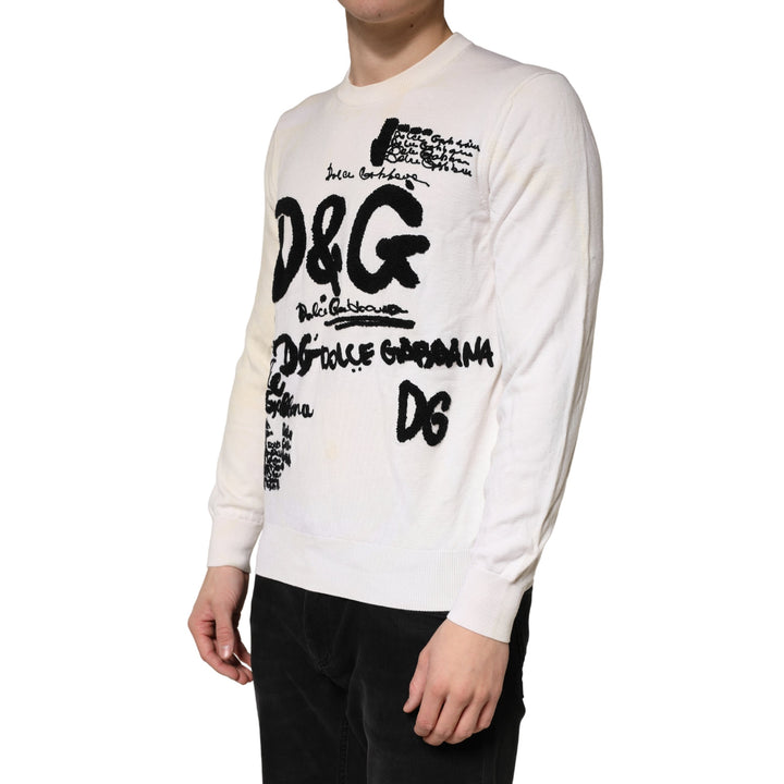 Men’s Dolce &amp; Gabbana White Virgin Wool Graphic Logo Crewneck Sweater