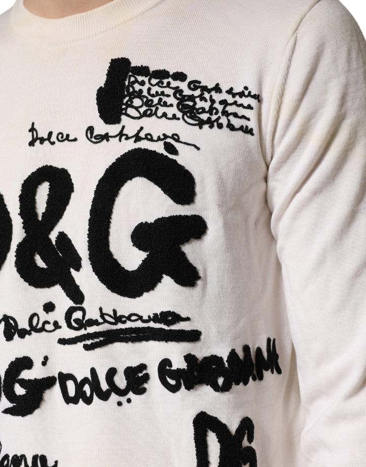 Men’s Dolce &amp; Gabbana White Virgin Wool Graphic Logo Crewneck Sweater