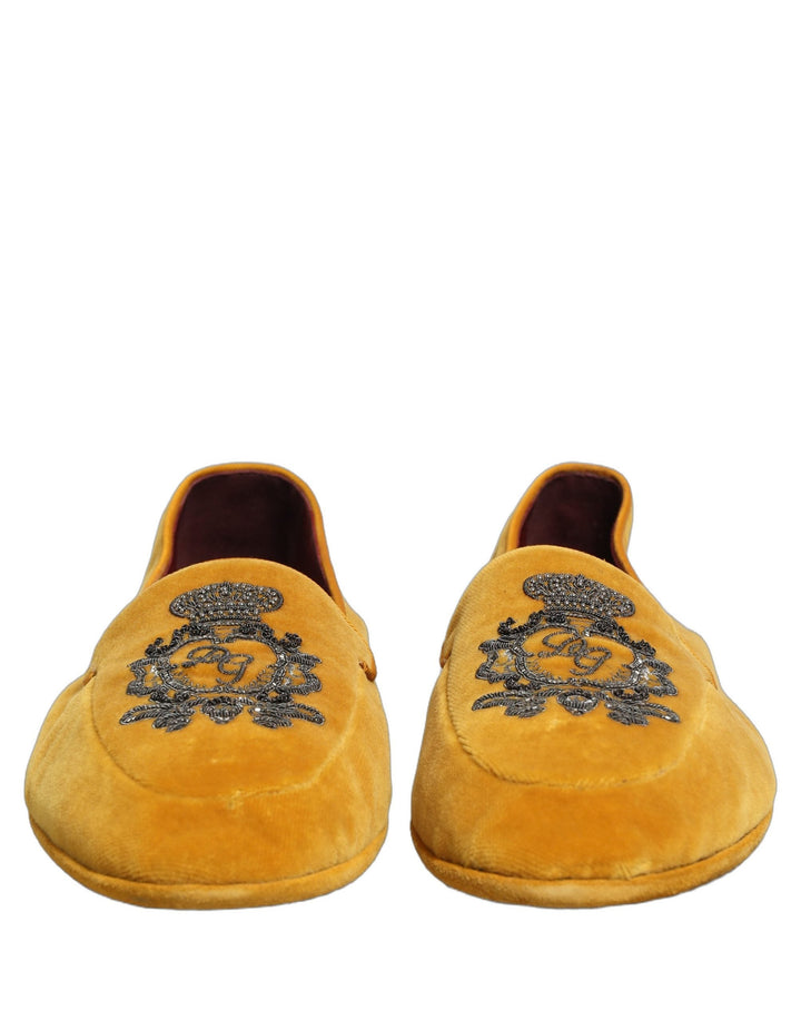 Men’s Dolce &amp; Gabbana Yellow Velvet Crown Embroidery Loafers Shoes