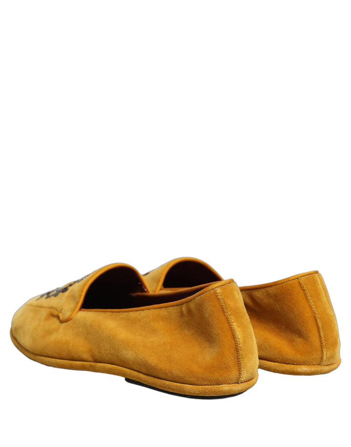 Men’s Dolce &amp; Gabbana Yellow Velvet Crown Embroidery Loafers Shoes