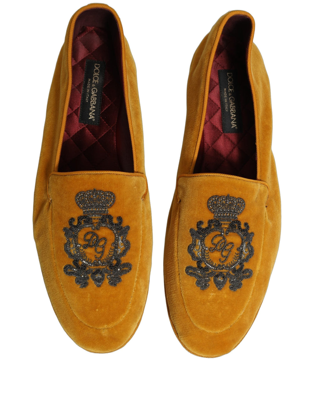 Men’s Dolce &amp; Gabbana Yellow Velvet Crown Embroidery Loafers Shoes