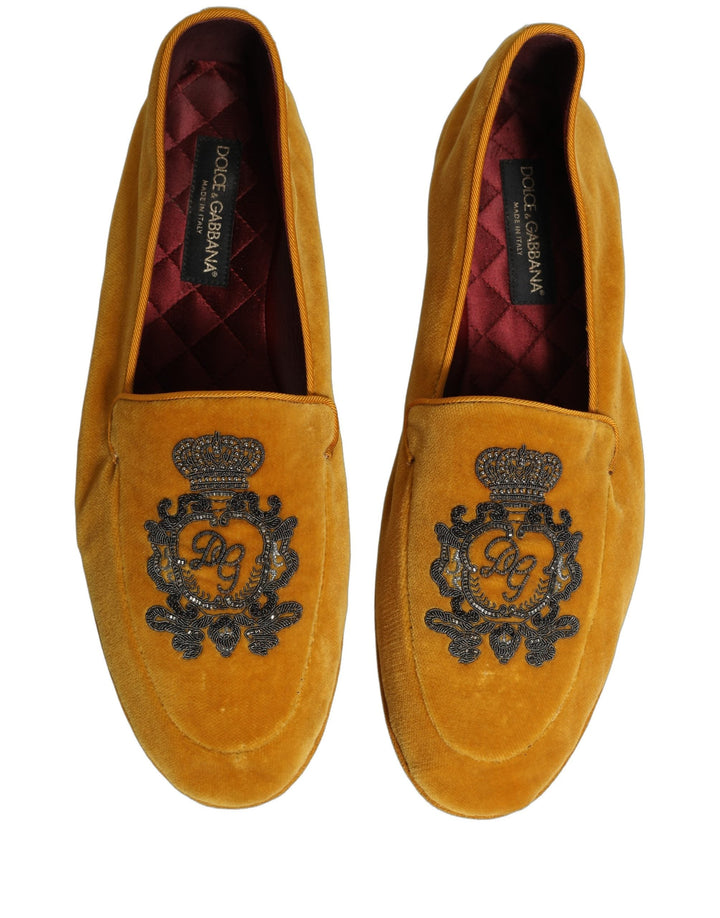 Men’s Dolce &amp; Gabbana Yellow Velvet Crown Embroidery Loafers Shoes