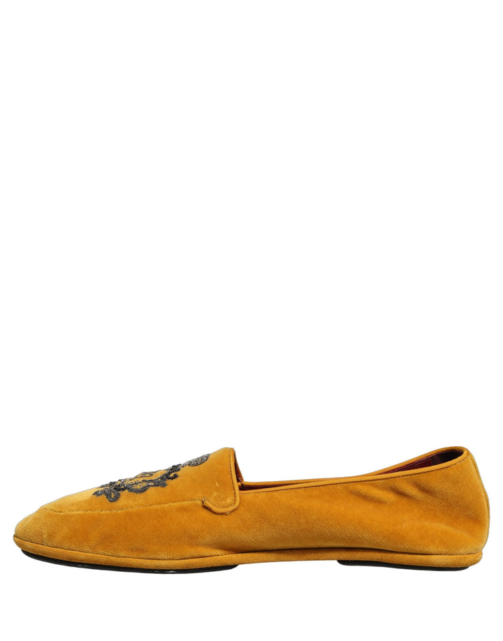Men’s Dolce &amp; Gabbana Yellow Velvet Crown Embroidery Loafers Shoes