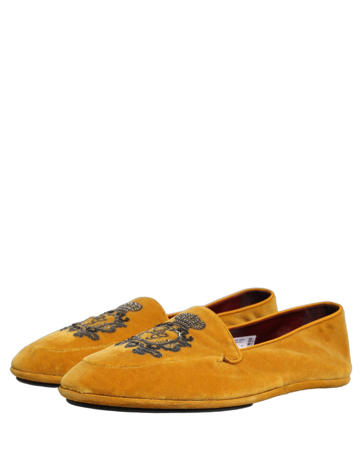 Men’s Dolce &amp; Gabbana Yellow Velvet Crown Embroidery Loafers Shoes