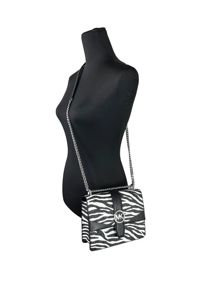 Michael Kors Greenwich Small Print Logo Crossbody Tote Chain Bag Black/White $498
