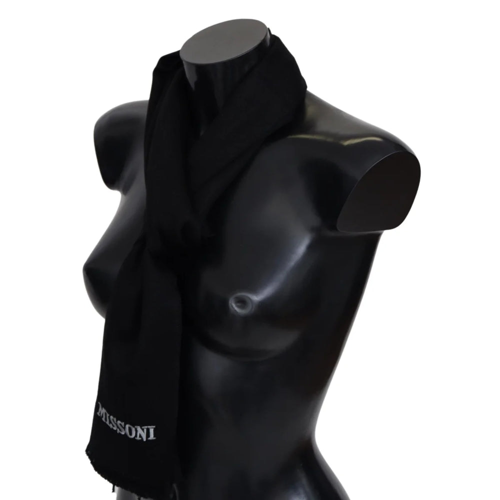 Missoni Black 100% Wool Unisex Neck Wrap Fringes Logo Scarf