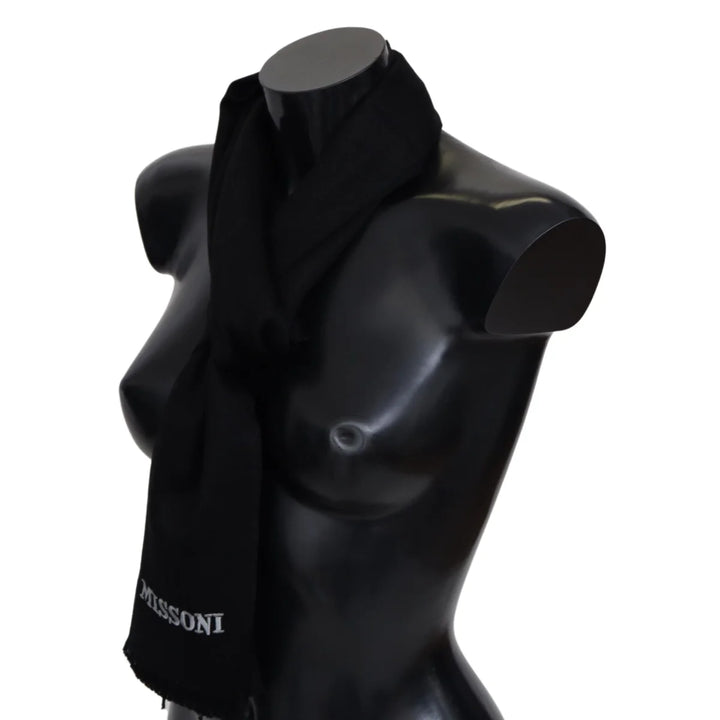 Missoni Black 100% Wool Unisex Neck Wrap Fringes Logo Scarf